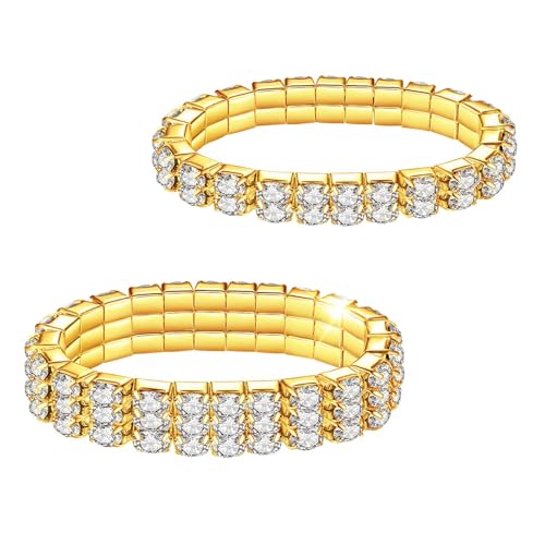 Kucheed Rhinestone Stretch Bracelets, Twinkle Diamond Tennis Bangle, Silver Crystal Sparkling Bridal Stackable Bracelet Jewelry, Bling Shining Wedding Party Elastic Band Bracelet for Women - color: Gold - 2PCS