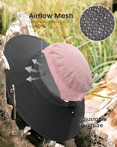 FURTALK Womens Sun Hat with Ponytail Hole Beach Hiking Summer Wide Brim UPF 50+ Outdoor Protection Foldable Bucket Hat - color: Pink-grey