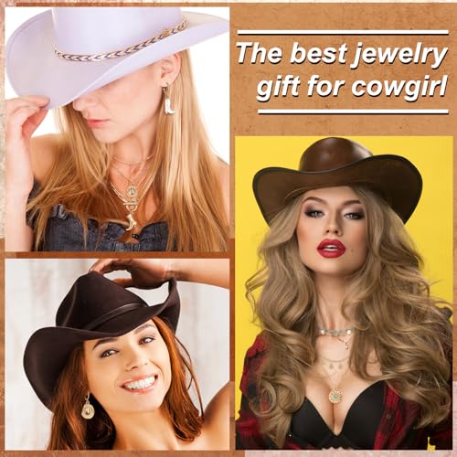Ferreve 6 Pcs Western Cowgirl Necklace Earring Jewelry Set for Women, Western Cowgirl Layered Chain Necklace Boot Hat Pendant Earring - color: golden, style: Golden, Stylish Style