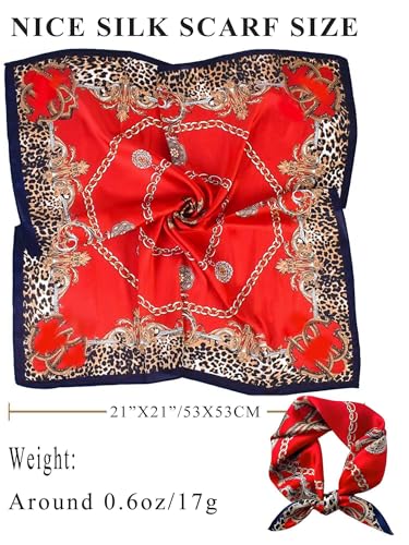 100% Mulberry Silk Scarf for Women Hair Lightweight Square Neckerchief Wrap For Head Scarves 21" - color: 12-red Leopard /21"*21"