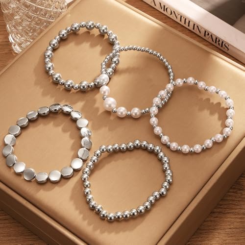 KISS WIFE Bracelets for Women, 13 Pcs Gold Silver Beaded Bracelet Stack with Faux Pearl, Stretch Elastic Strand Ball Fashion Jewelry Set, Adjustable Accessories Gifts - color: Silver