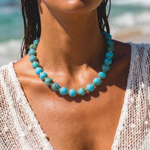 Colorful Beaded Necklace for Women Chunky Resin Beads Choker Necklaces Boho Statement Necklace Summer Vacation Y2K Jewelry - color: Turquoise