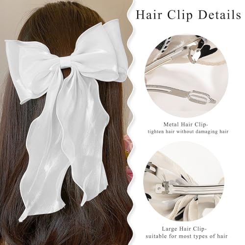 Large Hair Bow Clips for Women, White Purple Bow Hair Barrettes with Long Tail French Hair Ribbon Clips Hair Accessories for Girls (White,Purple) - color: White,Purple