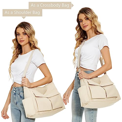 KALIDI Canvas Tote Bag Large Hobo Crossbody Shoulder Handbag Zipper Messenger Bag for Women or Men Casual College Work - color: Upgraded Beige