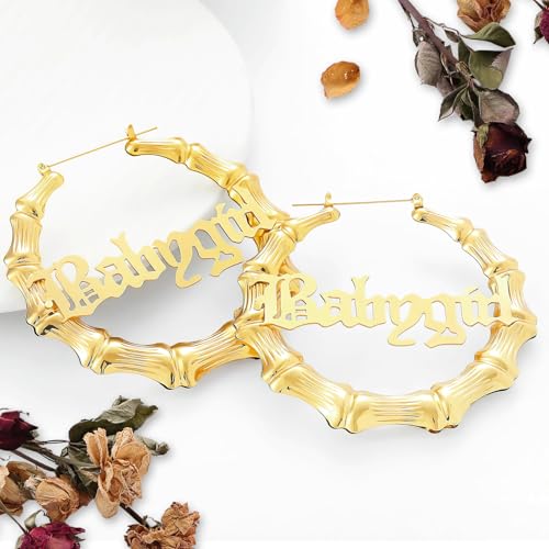 Bamboo Hoop Earrings, Large Hip Hop Bamboo Earrings for Women Silver Plated Statement Oversized Bamboos Hoop Earrings Set for 80s 90s Rapper Accessories Daily Wear Fashion Party - color: Letters, size: 90m