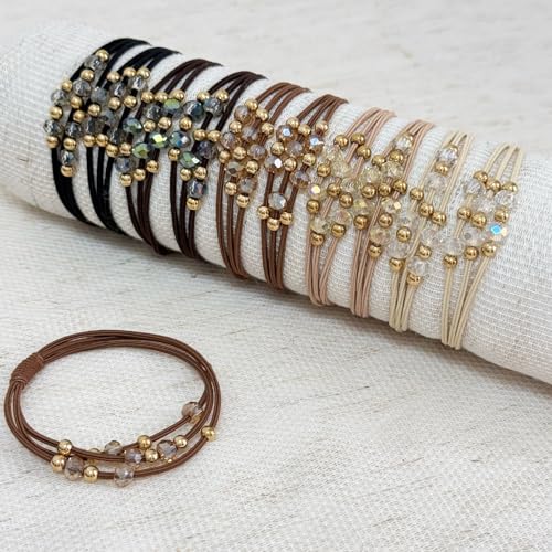 10pcs Brown Hair Ties with Gold & Crystal Beads, Thin Elastic Ponytail Holders for Women - color: Beige, Khaki, Brown, Dark Brown, Black