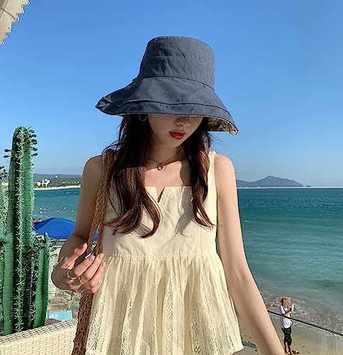 HUAMULAN Women Summer Sun Hat Wide Brim Wired Edge Floral Beach Bucket Hats Reversible Foldable Travel UV Protection Lady Hat - color: M1744-navy