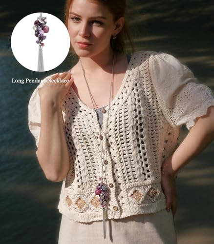 Noessla Boho Long Pendant Necklaces for Women Silver Tassel Long Necklace Sweater Chain Mothers Day Gifts Silver Costume Jewelry for Women - color: Purple