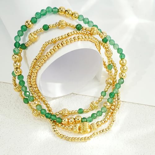 Dainty 14K Gold Lantern Beaded Bracelets Stack for Women,4PCS Colorful Glass Beads Stretch Stackable Bracelets Set Fashion Prom Jewelry Gift Friendship - color: Green