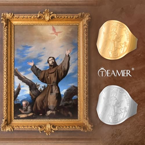TEAMER Resizable Saint Francis of Assisi Ring Pendant Patron Saint of the Animals and Nature Francis Pet Protect Medal Catholic Jewelry For Women Men - color: Silver