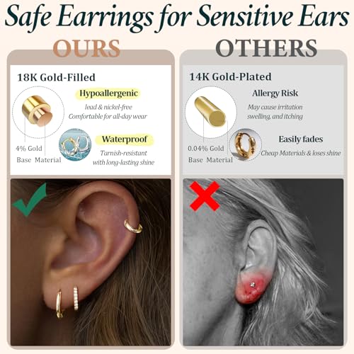Poxtex Small Sterling Silver Huggie Hoop Earrings Set for Women, Hypoallergenic 14K Gold Plated Hoops Stacks for Multiple Piercings, Dainty Cute Mini Lightweight Cartilage Studs Trendy Jewelry Gift - color: Gold-mix hoops 81012