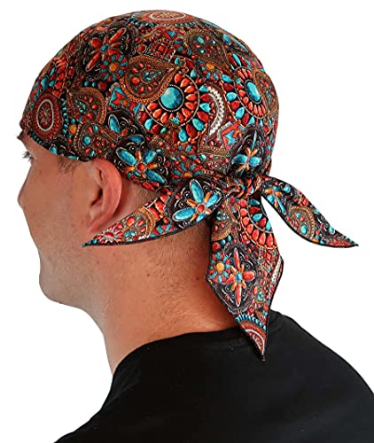 Sparkling EARTH - American Made Skull Caps Doo Rags Do Rag Durag Headwrap Head Wraps Skullies - Made in The USA! - color: Indian Jewelry Coral (Southwest Inspired)