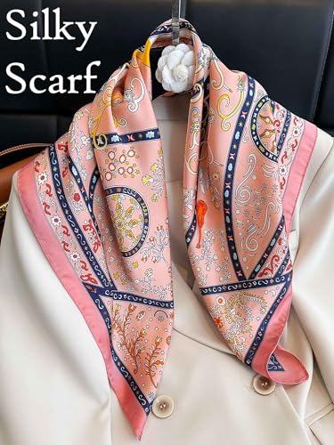 Silky Scarf for Women Lightweight Satin Bandanas Neck Hair Wrap For Sleeping Head Scarves 27.5" - color: A23 Pink Retro Elements/27.5"