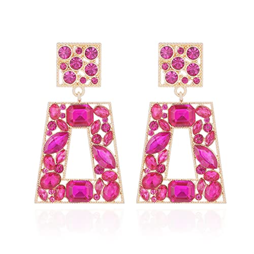 Rhinestone Rectangle Statement Earrings Colorful Crystal Geometric Drop Dangle Earrings for Women Prom Party - color: hot pink