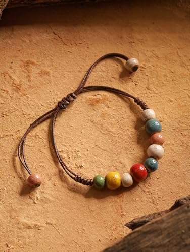 MINACHI Bohemian Colorful Ceramic Bead Adjustable Leather Bracelet, Boho Hippie Summer Jewelry Gift for Women - color: S02A
