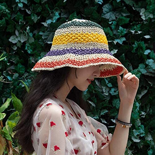 Women Straw Sun Hat Floral Woven Crochet Bucket Hat Y2k Aesthetic Accessories Beach Hat Hand Woven Boho Foldable Cap - color: Striped C