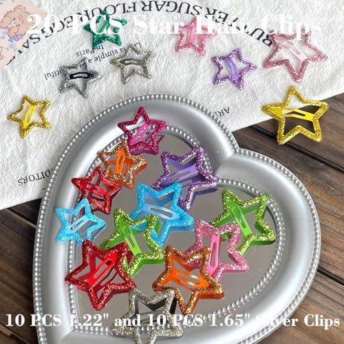 20 PCS Sparkling Star Hair Clips Snap Hair Accessories Non Slip Clips for Girls Women Metal Hair Clip Star Hair Barrettes Stars Hair Clips for Women Stars Hair Clip - color: Sparkling All Color 1.22" 1.65"(20PCS)