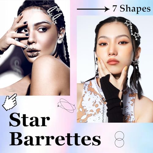 Canitor Y2k Star Hair Clips Cute Kawaii Metal Punk Snap Clips Barrettes for Women Teen Girl Silver Goth Emo 2000s Grunge Rave Kpop Fashion Hair Accessories for Concert Outfit (silver 12pcs) - color: silver 12pcs