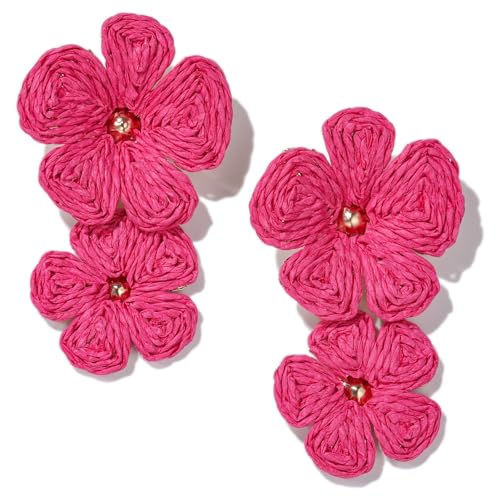 Boho Flower Earrings Statement Raffia Dangle Earrings Cute Floral Jewelry Trendy Summer Beach Vacation Outfits for Women - color: Rose