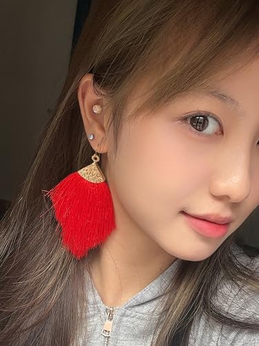 Earrings for Women Colorful Layered Leaf Earrings Bohemian Dangle Drop Tassel Silver Earrings Women Gifts - style: Red
