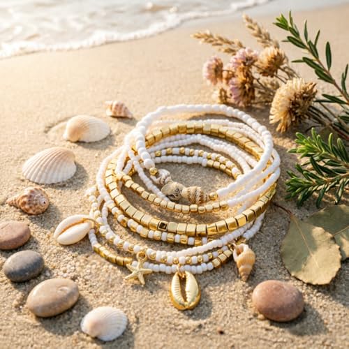 Beach shell sea star sea bead anklet set for Women, adjustable gold-plated Bohemian shell bracelet for ankle Fashion Layered anklet - color: Shell 8Pcs
