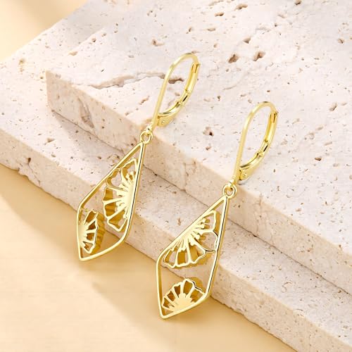Silver Dangle Earrings Hypoallergenic Filigree Flower Carved Hollow Out Dangle Earrings for Women 14K Gold Plated Geometric Leverback Earring Trendy Silver Drop Earings Jewelry Gifts - color: 14K Gold
