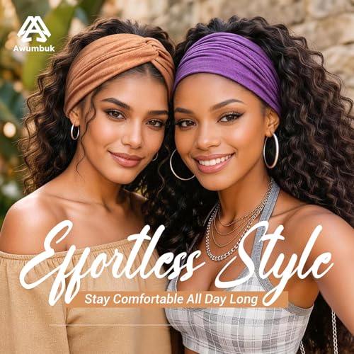 Awumbuk Wide Headbands for Women, 7.08 Inch Thick Boho Turban Style Hair Wraps, Non-Slip Moisture-Wicking Workout Headband for Sports, Yoga, Daily Fashion, 8 Pack Multi Colors (purple) - color: pale yellow