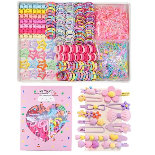 889 pcs Elastic Hair Ties for Girls Hair Accessories Ponytail Holders Colorful Rubber Bands Set with 14 pcs Cute Hair Clip - color: Purple