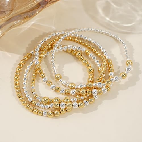 Gold Bracelets for Women Stackable 14K Gold Silver Plated Beaded Bracelets Stack Elastic Stretch Non Tarnish Bead Ball Stack Stretch Adjustable Dainty Jewelry Trendy Prom Gifts for Women - color: Gold Silver