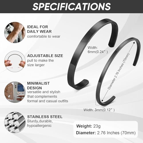 MEALGUET Stainless Steel Mens Cuff Bracelet : Minimal Cool Silver/Black/Gold Plated Open Metal Cuff Bangle Bracelets for Men,Mens Bracelet Jewelry Gift - color: Black-2-Pack, size: Large( fit 7" to 8.5" wrist)