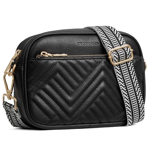 BOSTANTEN Quilted Crossbody Bags for Women Vegan Leather Purses Shoulder Handbags with Wide Strap - color: Black