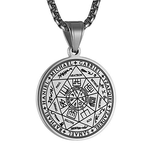 HZMAN Vintage Stainless Steel The Seal of The Seven Archangels Pendant Necklaces 22+2“ Chain - color: Silver