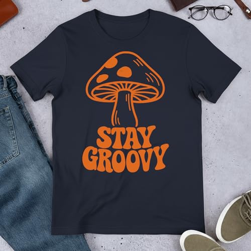Stay Groovy Mushrooms T-Shirt– Retro Aesthetic Apparel – 100% Cotton Unisex Tee - color: Navy, size: Medium