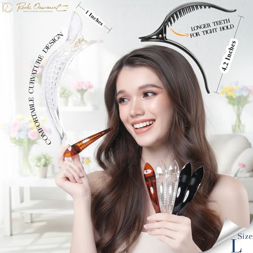 RC ROCHE 6 Pcs Duck Bill Alligator Hair Clips for Women Sectioning Flat Claw Long Thick Hair Inner Teeth Curved Styling Jaw Strong Secure Grip Salon, Large Black, Brown, Clear - color: (Large) Black, Brown, Clear