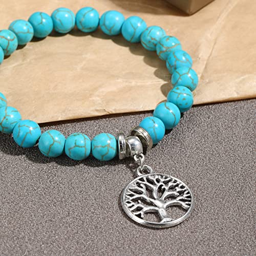Turquoise Bracelet for Women, 8mm Beaded Stretchable Unisex Bracelet, Boho Turquoise Bead Bracelet Stone Beaded Bracelets Turquoise Jewelry for Women - color: Tree of Life