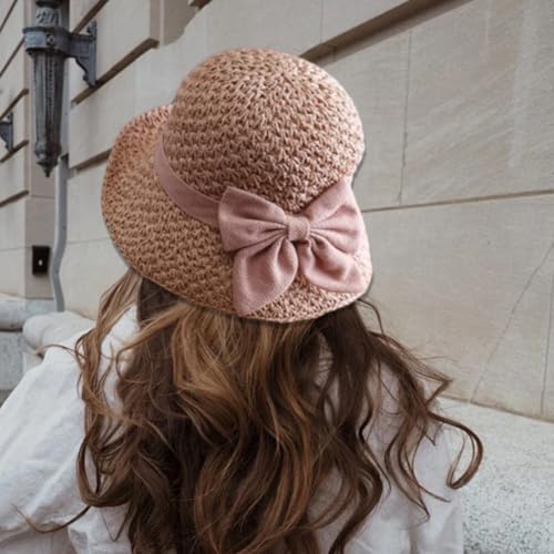 Womens Straw Hat Foldable Wide Brim Floppy Beach Sun Hats, Bucket Cap with Bowknot for Girls - color: Pink