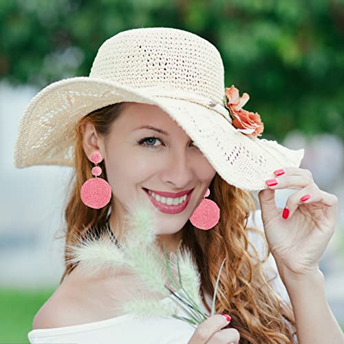 Boho Raffia Ball Earrings for Women, Handmade Statement Drop Earrings Straw Dangle Earrings Beach Vacation Jewelry - color: Pink