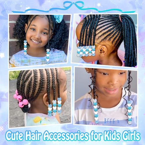 60PCS Heart Hair Beads Blue White AB Round Bead Loc Jewelry Accessories Lovely Acrylic Pony Dreadlock Beads for Kids Girls - color: Blue&White