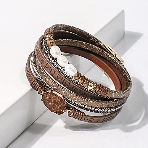 Artilady Leather Wrap Bracelets for Women - Pearl Bracelets Handmade Clasp Bangle Bracelet with Beads Jewelry Gift for Women and Mother - style: So She Did, Brown