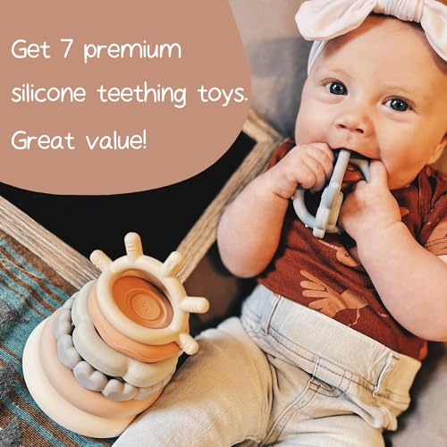 Moonkie Stacks of Circles Soft Teething Toy | Educational Learning Baby Toy | Stacking Ring Toys for Babies Boy and Girl | 7 Piece Teethers Set (Nature) - color: Nature