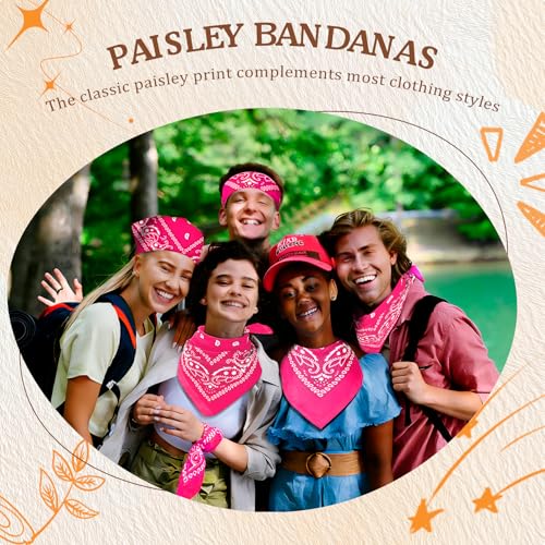 50 Pcs Bandanas Bulk Large Bandana Headband Paisley Cowboy Bandana Scarf Handkerchief for Women Men - color: Hot Pink