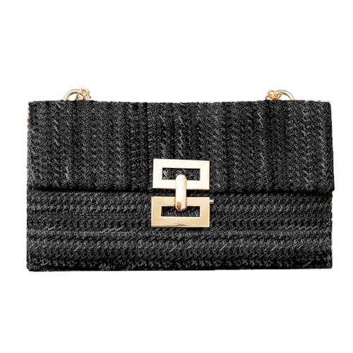Huralona Women Straw Woven Clutch Purse Pleated Handbag for Summer Beach Vacation Straw Shoulder Crossbody Bag - color: Black1