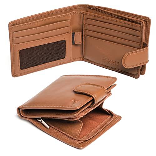 Soft Leather Wallet for Men - Mens Wallet Bifold with Zipper Coin Pocket - Holds Bills, Credit Cards, Coins - Carteras para Hombres Piel - Billeteras de Hombres Cuero Original - RFID Blocking - color: Cognac