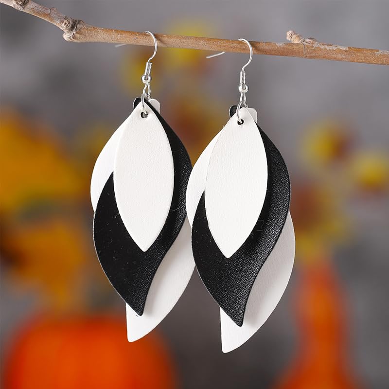 ANXIN boho unique Leather Earrings 2 Layered Lightweight Faux Leather Leaf Earrings Layered Design Drop Earrings Gift for Women - color: White Black White