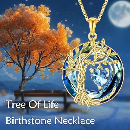 POPLYKE Mothers Day Gifts for Mom Her Wife Tree of Life Necklace 925 Sterling Silver Birthstone Pendant with Crystal Anniversary Birthday Wedding Jewelry for Women - color: 03-Mar-Aquamarine, style: 18K Gold Plated-Blue Crystal