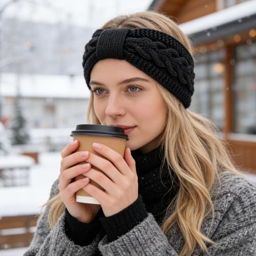DRESHOW Crochet Ear Warmer Headband Soft Knit Chunky Turban Stretch Thick Headbands Warmer Fuzzy Head Wrap for Women - color: 3 Pcs Knot Style: Ivory White, Light Grey, Black