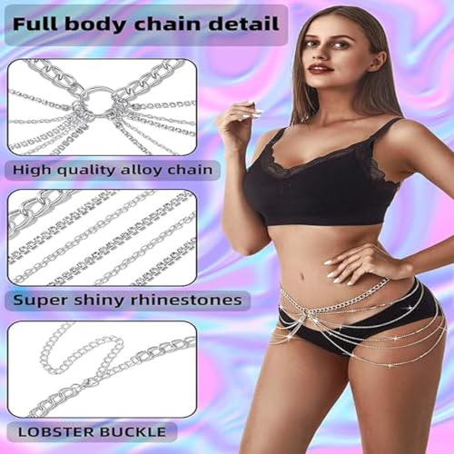 Silver Multi-layer Thigh Chain Belly Body Chain for Women, Sexy O-ring Waist Thigh Jewelry with Sparkling Rhinestone Accents, Adjustable Multi-chain Thigh Leg Harness Belt, Boho Summer Beach Bikini Body Jewelry, Stylish Party Rave Dance Accessory for Girl