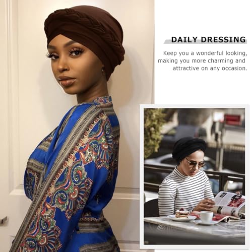 African Women Turban Caps Beanie Pre-Tied Twisted Braids Headwraps for Women Head Scarf Chemo Cancer Headwear Cap - color: 3 Pack Twisted Braid: Apricot/Dark Brown/Black
