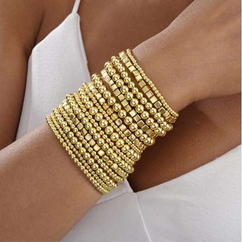 ÌF ME 16 PCS Gold Bead Bracelet for Women, Gold Beaded Stretch Plated Stackable Strand Bead Ball Bracelets stack Adjustable Jewelry Set for Gifts - color: 16 PCS Gold