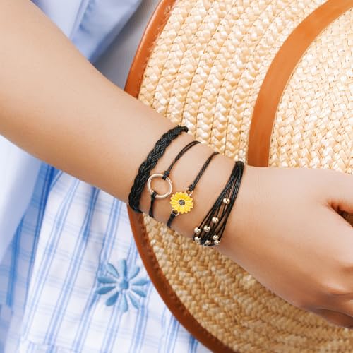 Sunflower Friendship Bracelets Boho Stackable String Bracelets Cute Trendy Gifts for Teen Girls Women - color: Black